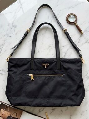 Prada Black Nylon Tessuto Tote with Gold Hardware and Top Handles